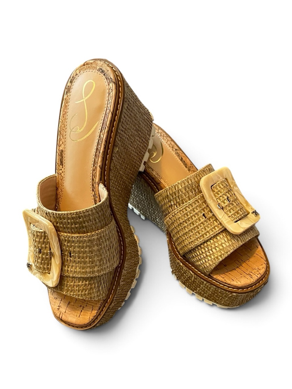 Sam Edelman Woven Platform Slide Sandals with Cotton Buckle — Tan, size 8
